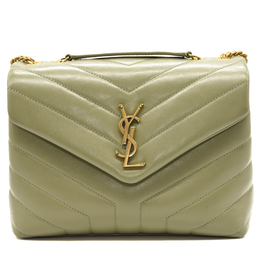 NEW $2990 SAINT LAURENT Calfskin Y Quilted Monogram Small Loulou Chain Satchel Sage Green