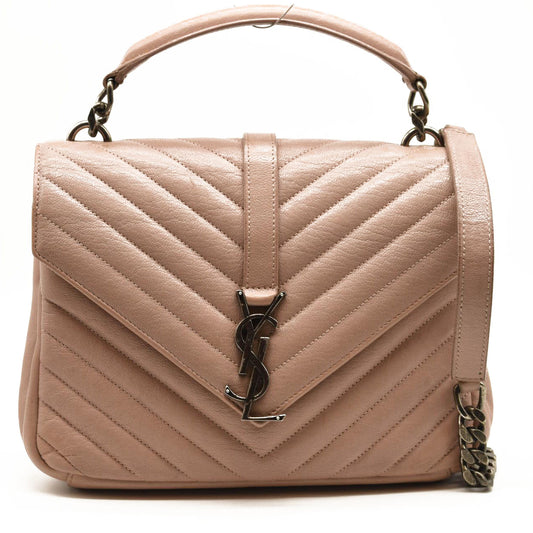SAINT LAURENT Sheepskin Matelasse Chevron Monogram Medium College Bag Rose Poudre