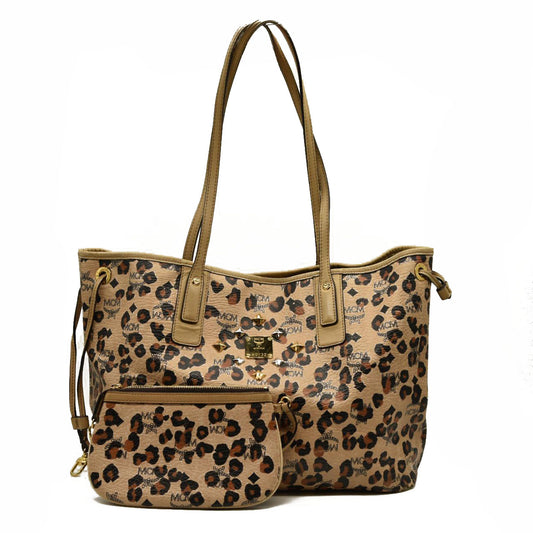 MCM  Visetos Leopard Print Medium Anya Shopper Tote beige