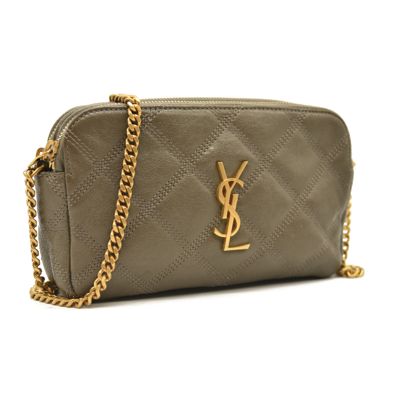 Saint Laurent  Grained Lambskin Quilted Mini Becky Double Zip Bag Taupe