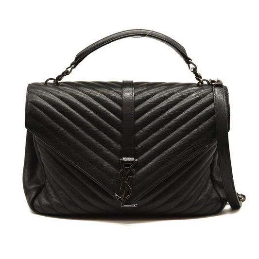 SAINT LAURENT Sheepskin Matelasse Chevron Monogram Large College Satchel Black
