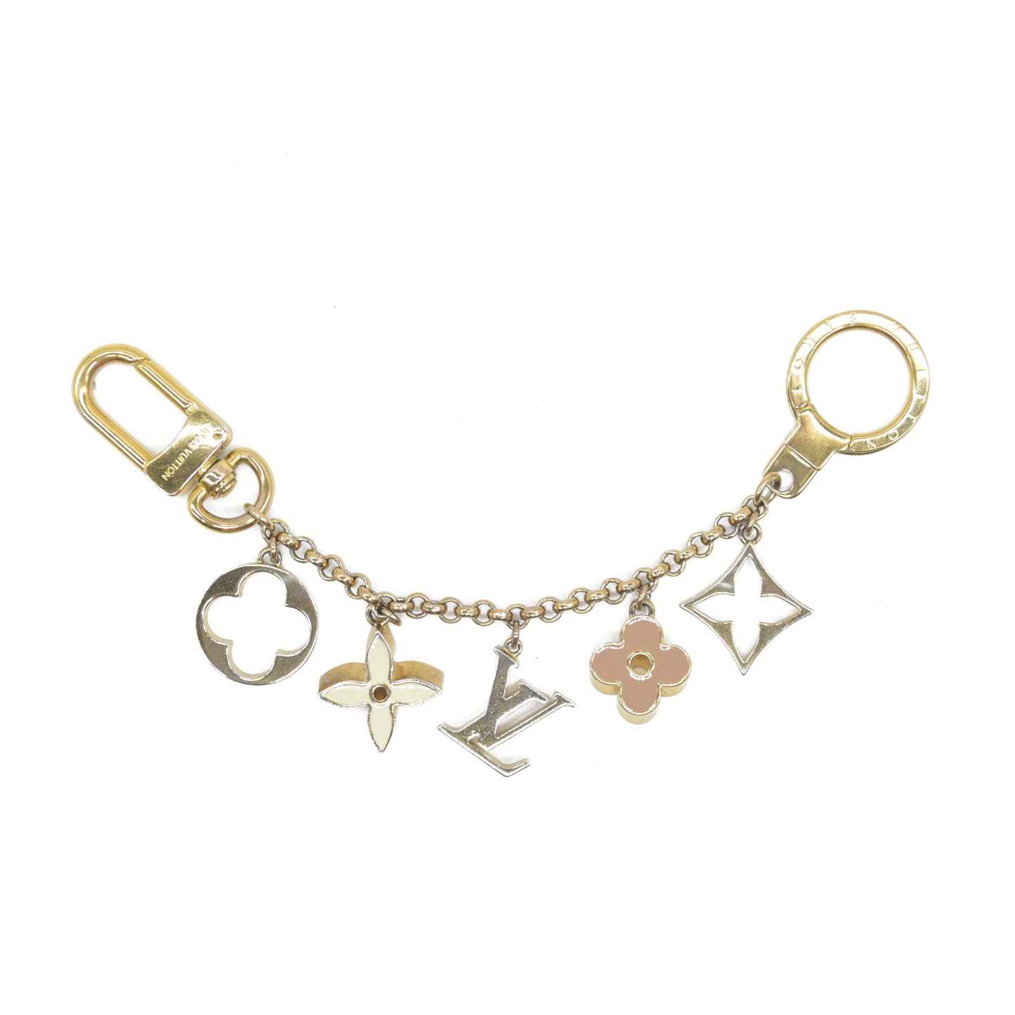 CONSIGNMENT AUCTION $655 Louis Vuitton  Brass Enamel Fleur De Monogram Bag Charm Chain Gold