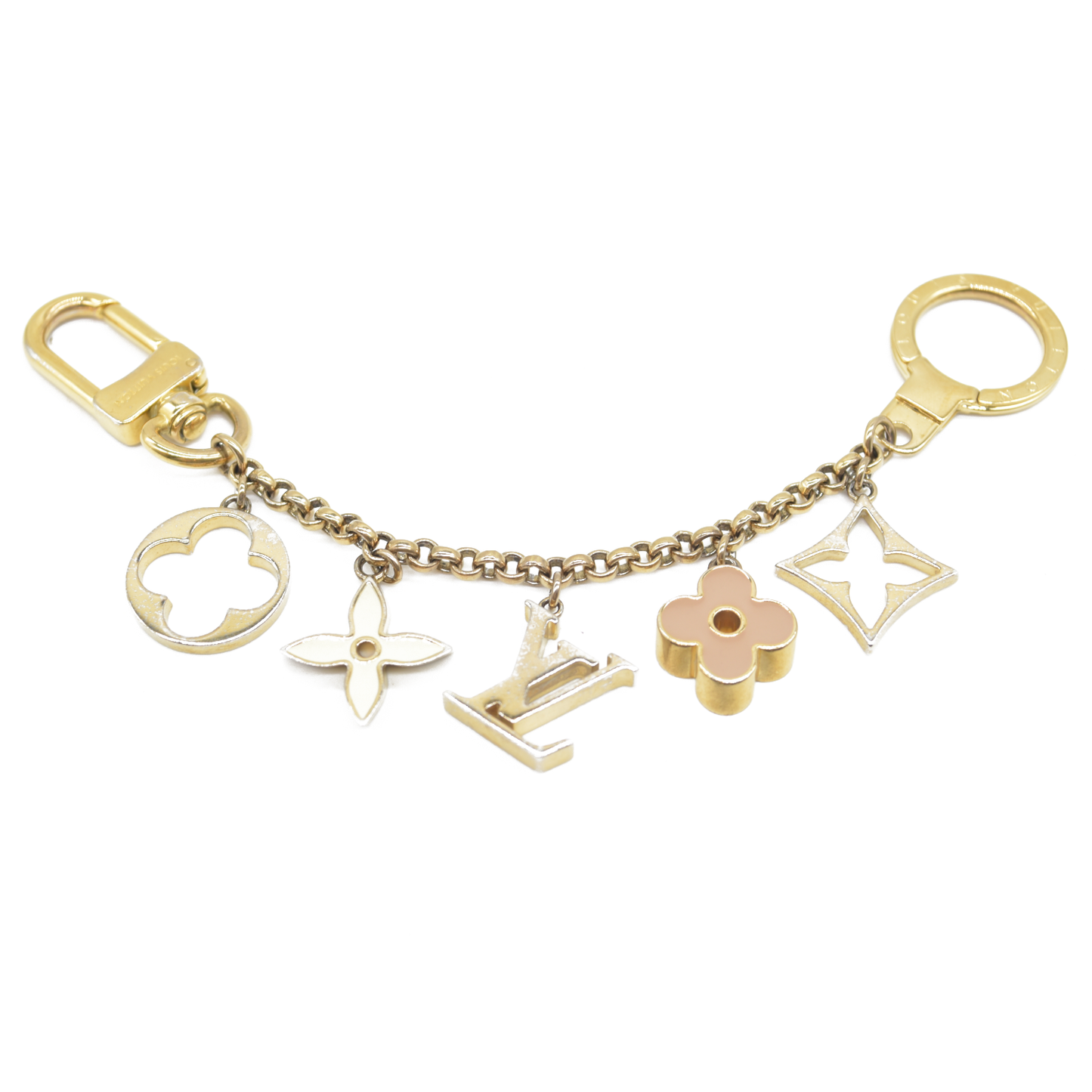 CONSIGNMENT AUCTION $655 Louis Vuitton  Brass Enamel Fleur De Monogram Bag Charm Chain Gold