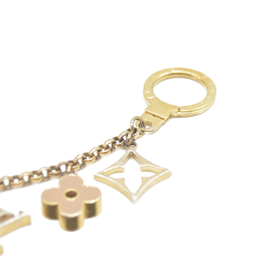 CONSIGNMENT AUCTION $655 Louis Vuitton  Brass Enamel Fleur De Monogram Bag Charm Chain Gold