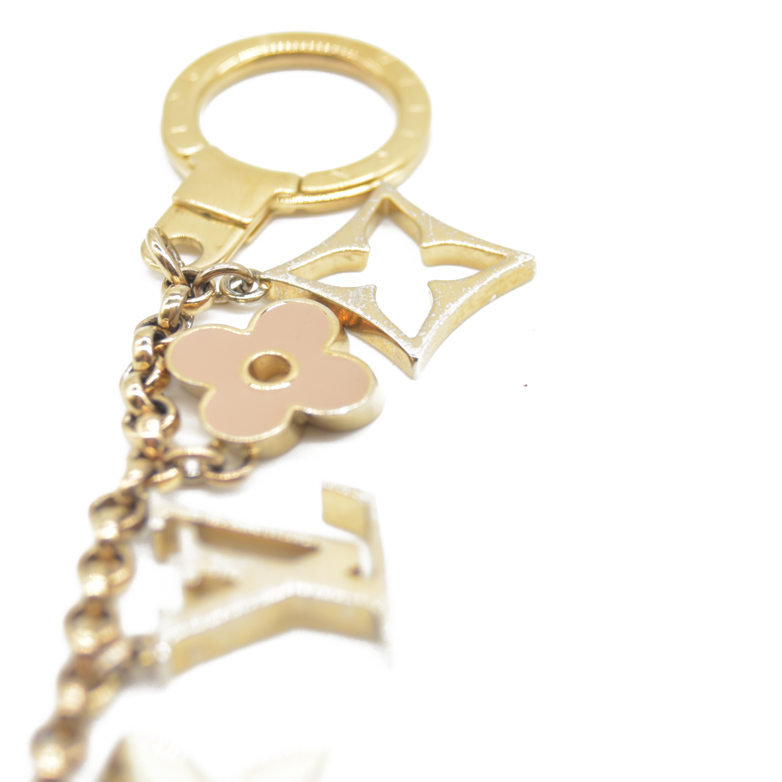 CONSIGNMENT AUCTION $655 Louis Vuitton  Brass Enamel Fleur De Monogram Bag Charm Chain Gold