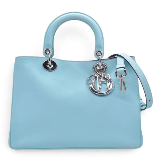 $3200 CHRISTIAN DIOR Lady Dior Medium Leather Tote Sky Blue CONSIGNMENT 10021442