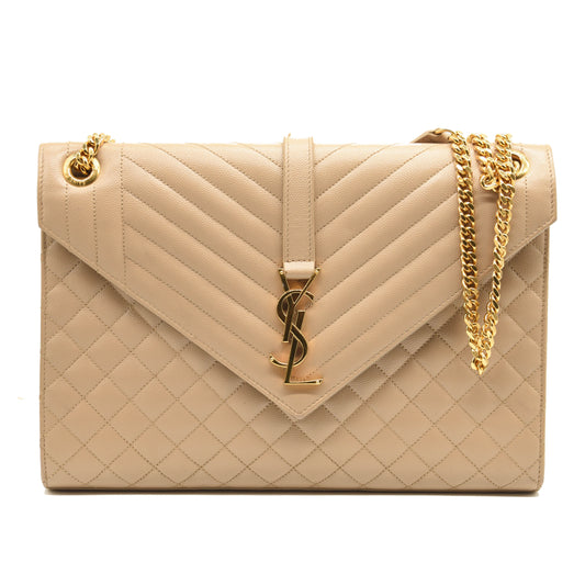 SAINT LAURENT Grain De Poudre Mixed Matelasse Large Triquilt Monogram Satchel Nude Powder