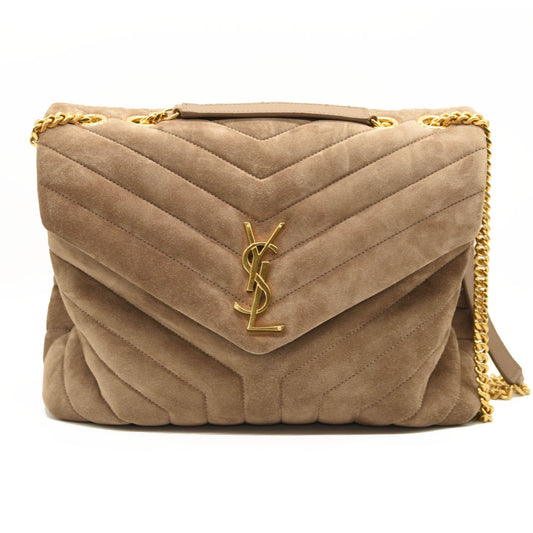 NEW $3450 SAINT LAURENT Suede Y Quilted Monogram Medium Loulou Chain Satchel Beige