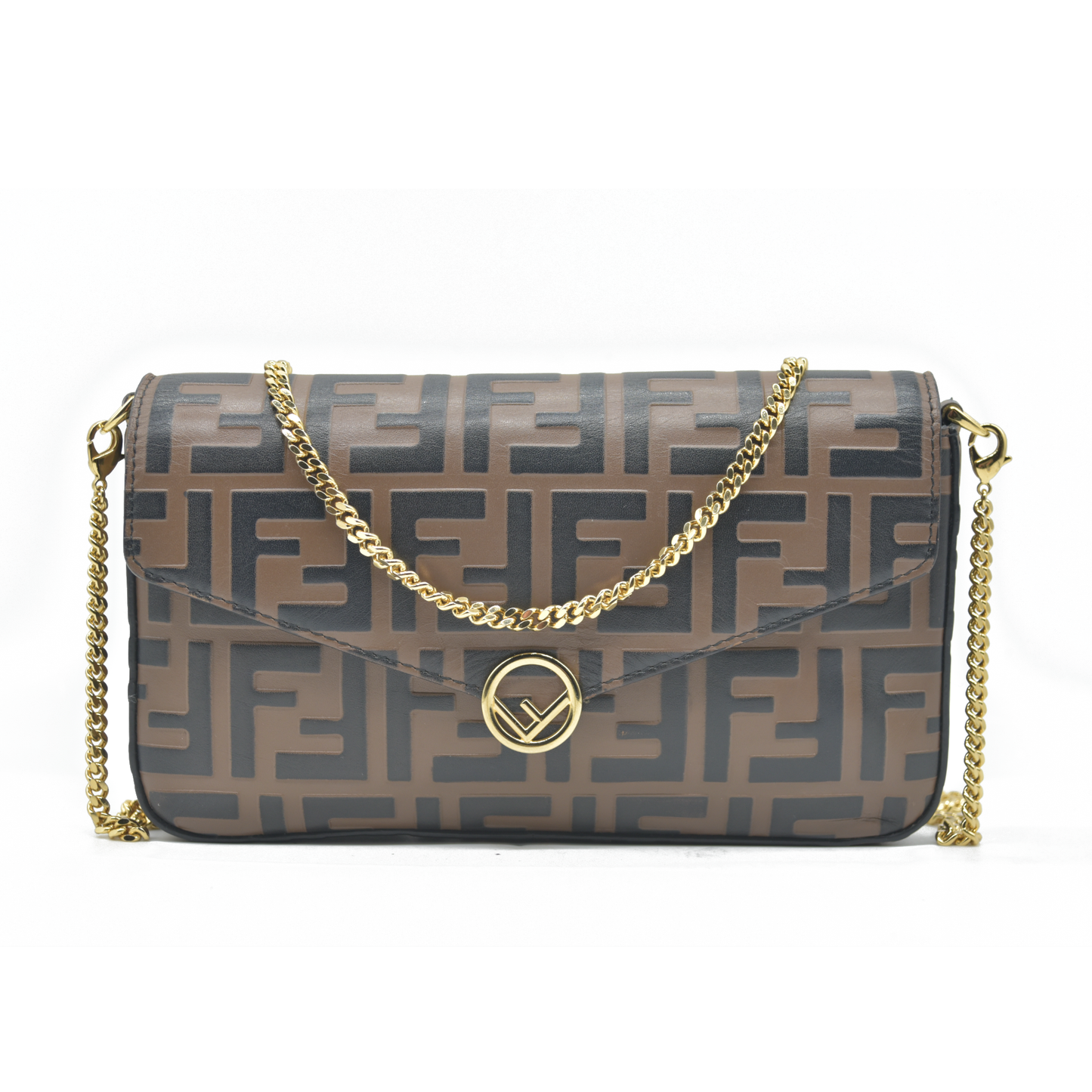 $1600 Fendi Vitello Soft F is Fendi Bi-Color FF 1974 Embossed Envelope Wallet On Chain with Pouches Maya Black