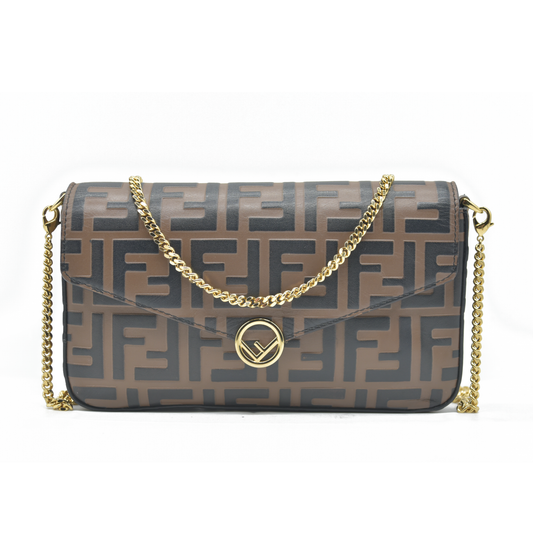 $1600 Fendi Vitello Soft F is Fendi Bi-Color FF 1974 Embossed Envelope Wallet On Chain with Pouches Maya Black