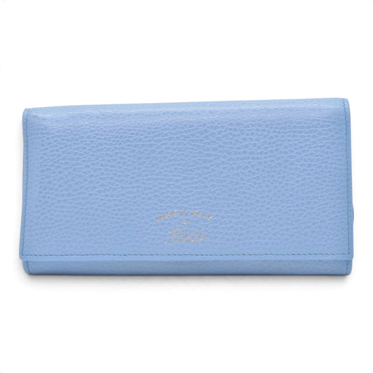 $660 GUCCI Light Blue Pebbled Swing Leather Flap Long Wallet CONSIGNMENT 10021436