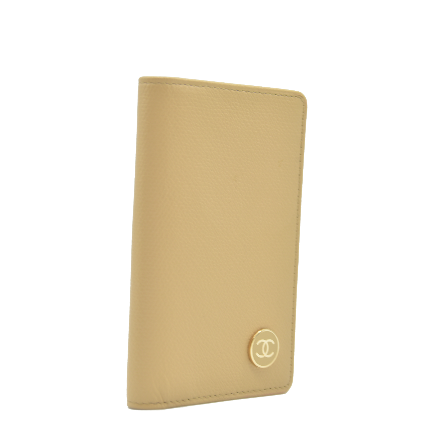 AUCTION CHANEL Coco Button Leather Card Case Holder Short Purse Beige