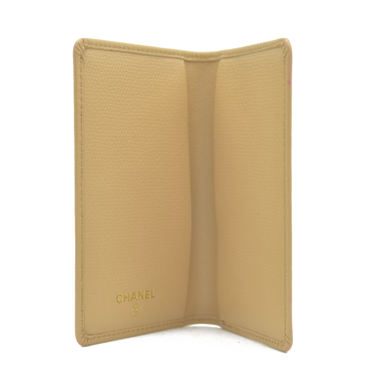 AUCTION CHANEL Coco Button Leather Card Case Holder Short Purse Beige