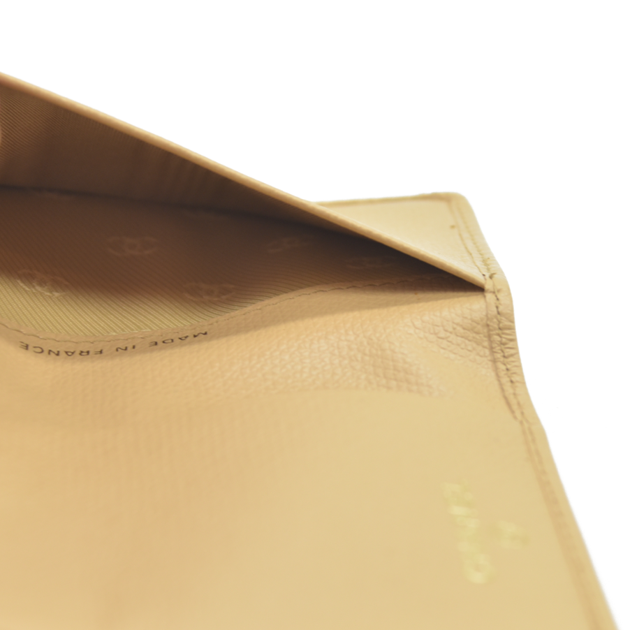 AUCTION CHANEL Coco Button Leather Card Case Holder Short Purse Beige