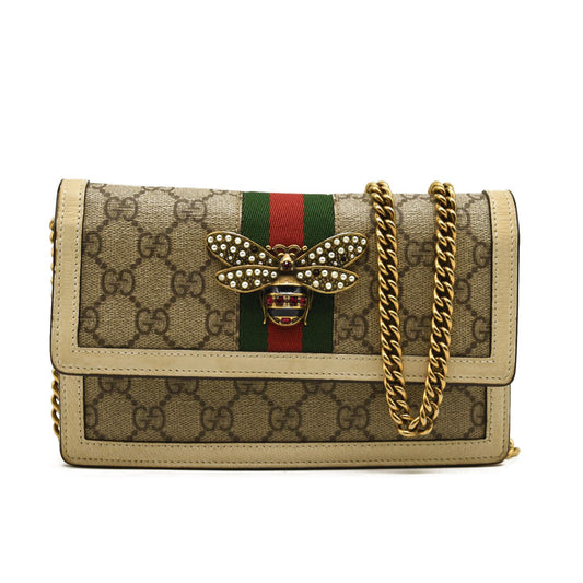 GUCCI GG Supreme Monogram Web Queen Margaret Chain Wallet White