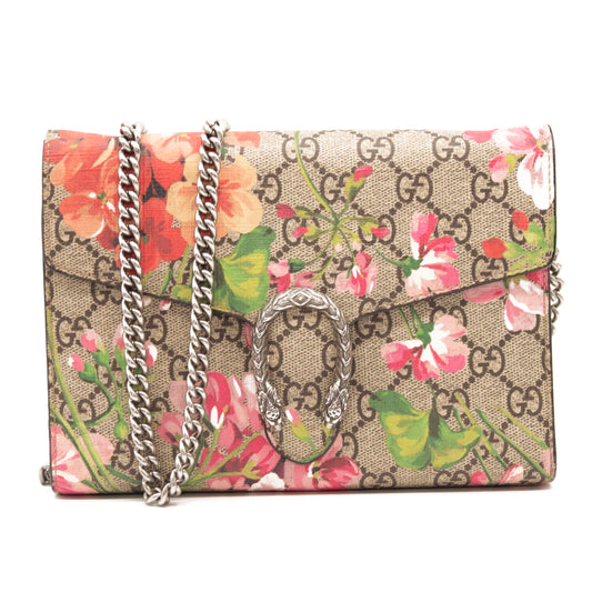 Gucci GG Supreme Monogram Blooms Mini Dionysus Chain Wallet Beige Multicolor Dry Rose
