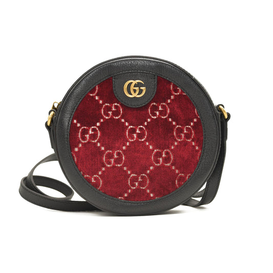 GUCCI Velvet GG Monogram Textured Calfskin Round Shoulder Bag Red Cipria Black