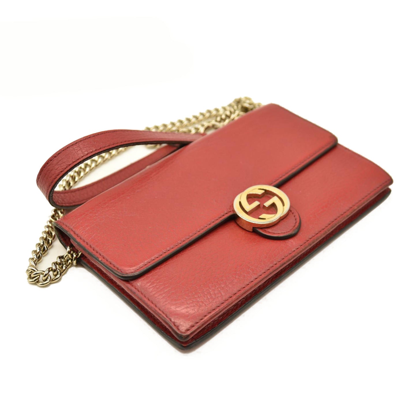 AUCTION $1290 Gucci  Dollar Calfskin Interlocking G Chain Wallet Red