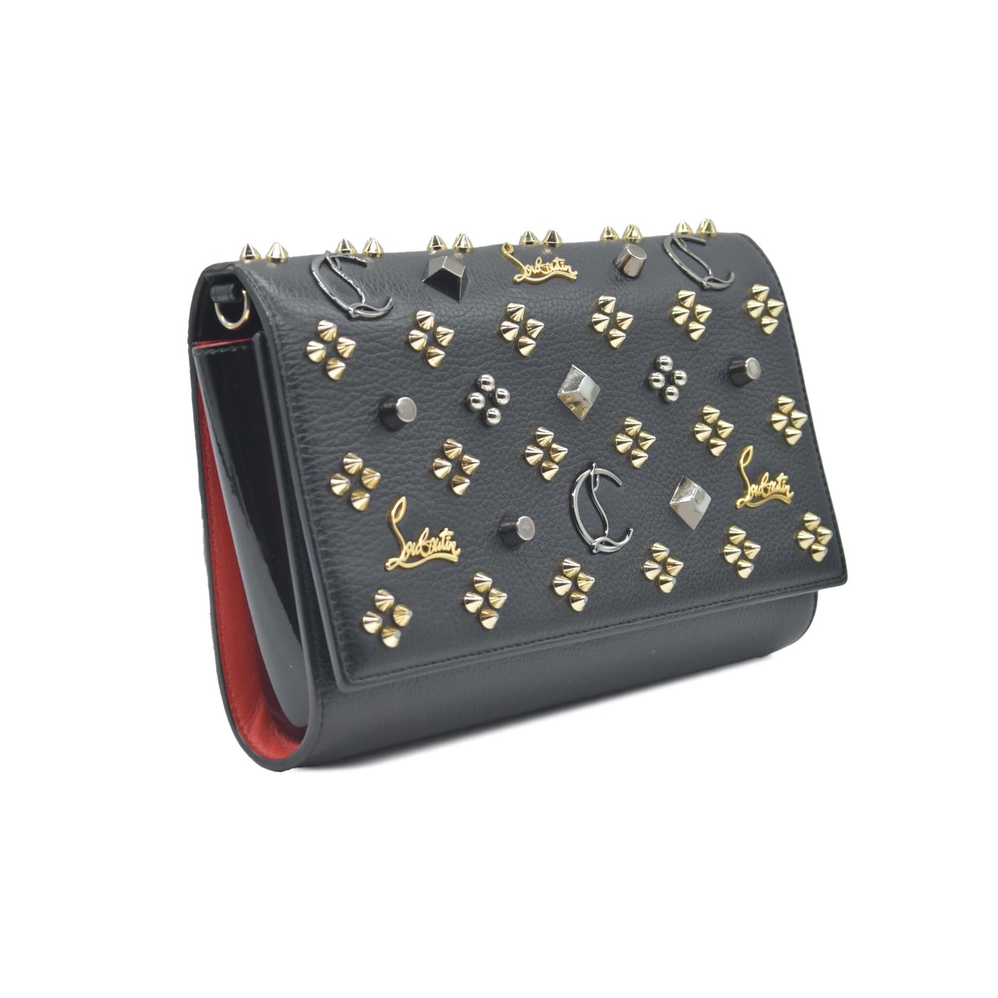 $1450 Christian Louboutin Grained Calfskin Spikes Loubinthesky Paloma Wallet On Chain Black Multimetal