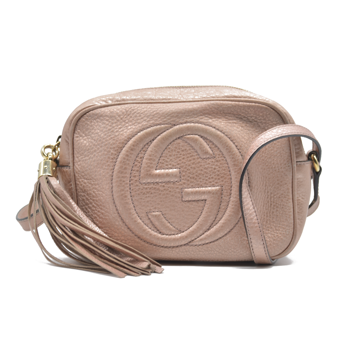 $1490 Gucci  Pebbled Calfskin Small Soho Disco Bag Camelia