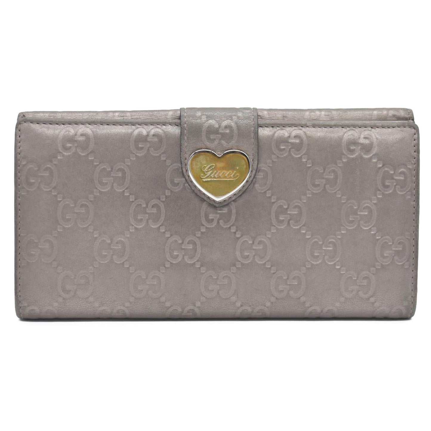 GUCCI Ssima Heart GG Logo Leather Long Bifold Wallet Gray
