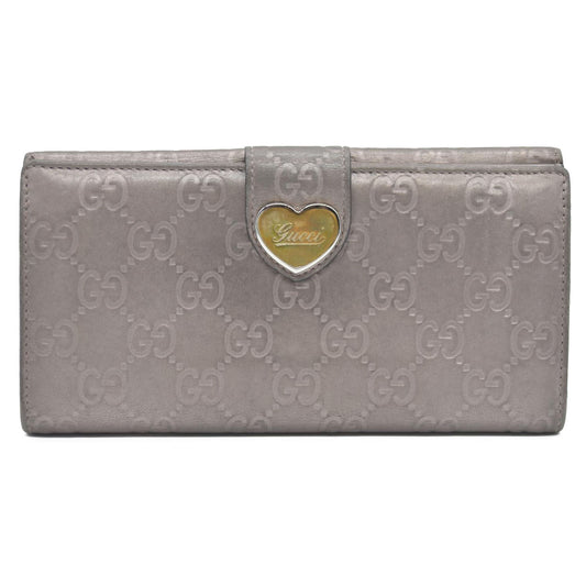GUCCI Ssima Heart GG Logo Leather Long Bifold Wallet Gray