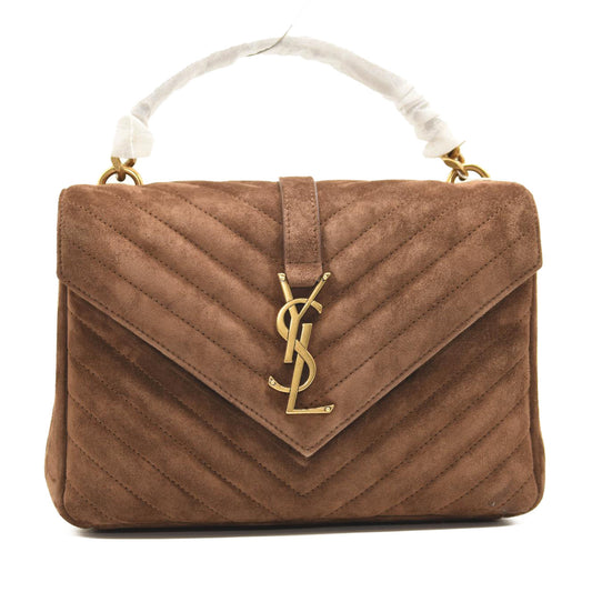 SAINT LAURENT Suede Matelasse Chevron Monogram Medium College Bag Chocolate