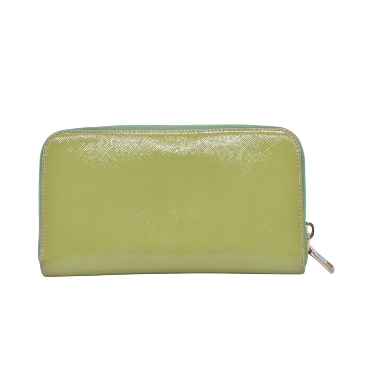 $650 PRADA Lime Green Patent Leather Triangle Logo Zip Wallet CONSIGNMENT 10021459