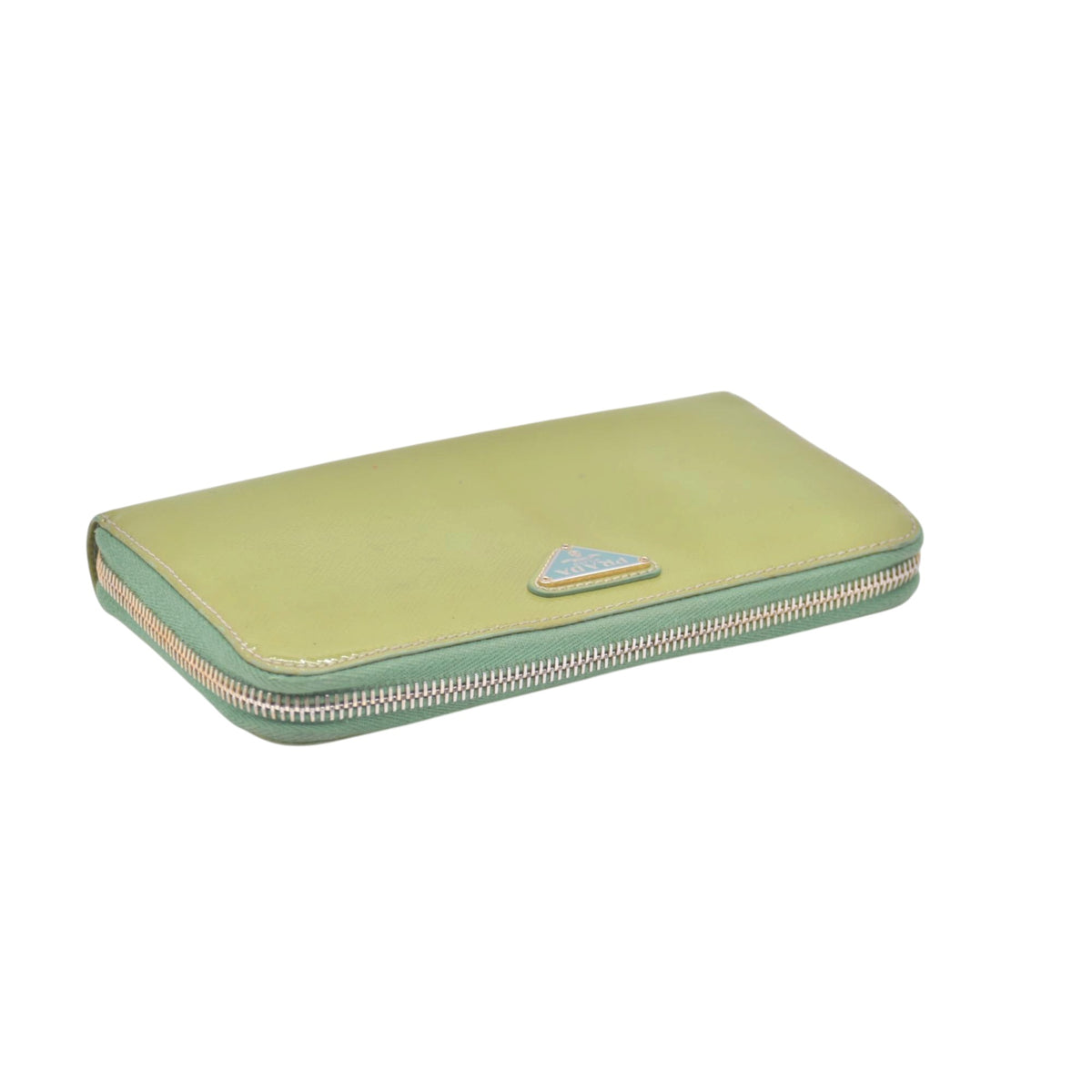 $650 PRADA Lime Green Patent Leather Triangle Logo Zip Wallet CONSIGNMENT 10021459