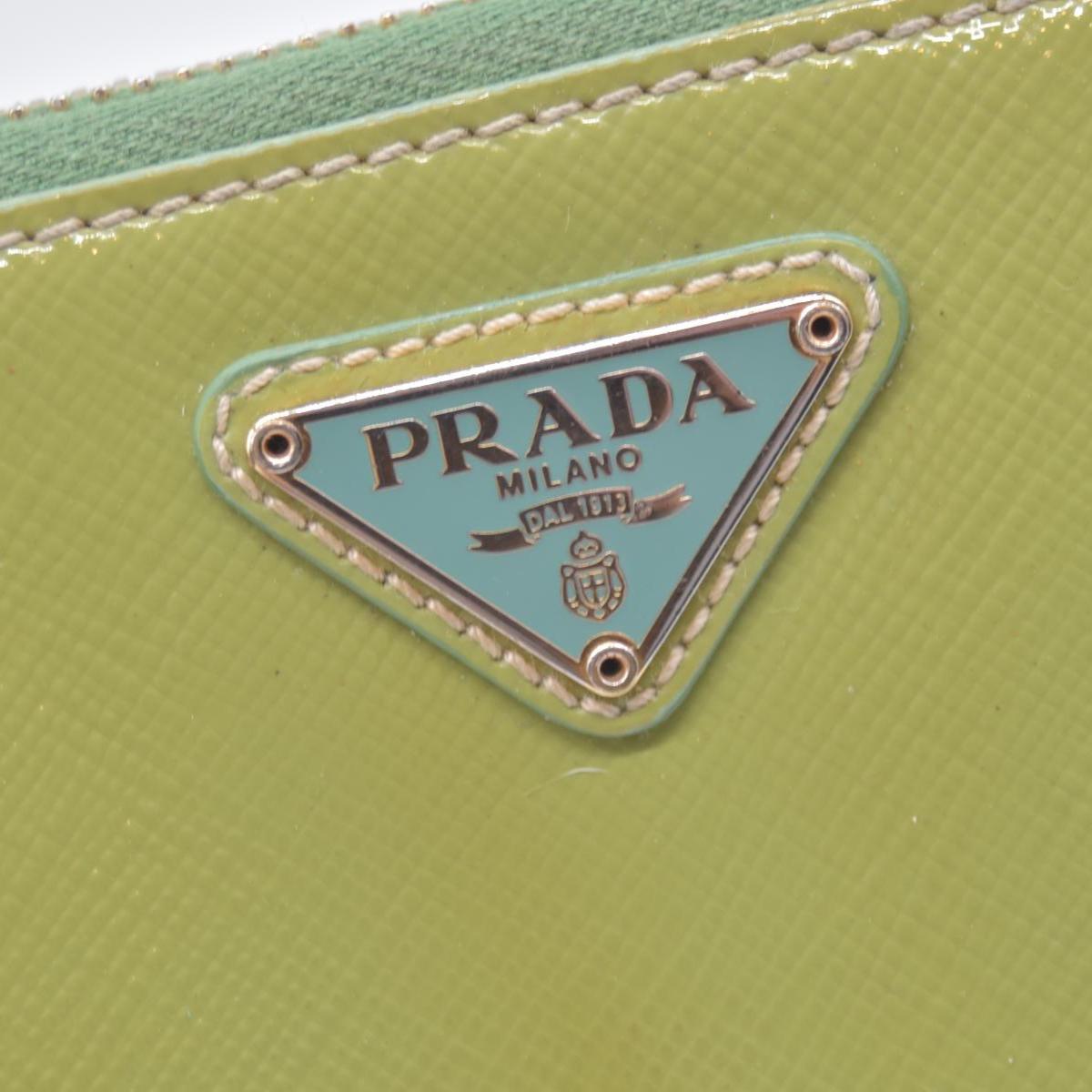 $650 PRADA Lime Green Patent Leather Triangle Logo Zip Wallet CONSIGNMENT 10021459