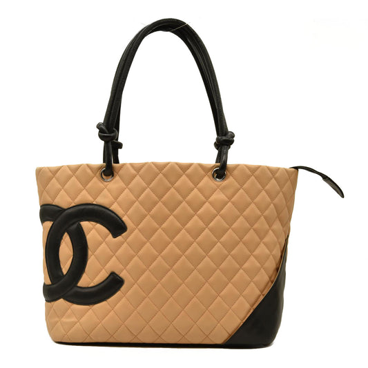 $2250 Chanel Calfskin Quilted Medium Cambon Tote Beige Black