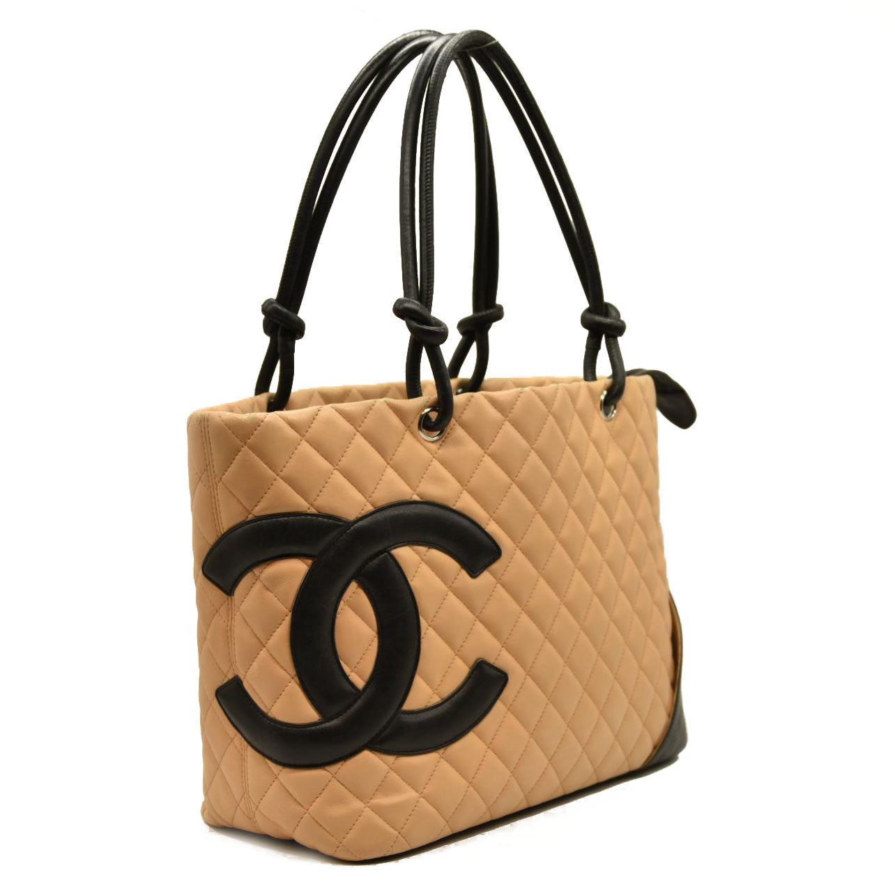 $2250 Chanel Calfskin Quilted Medium Cambon Tote Beige Black