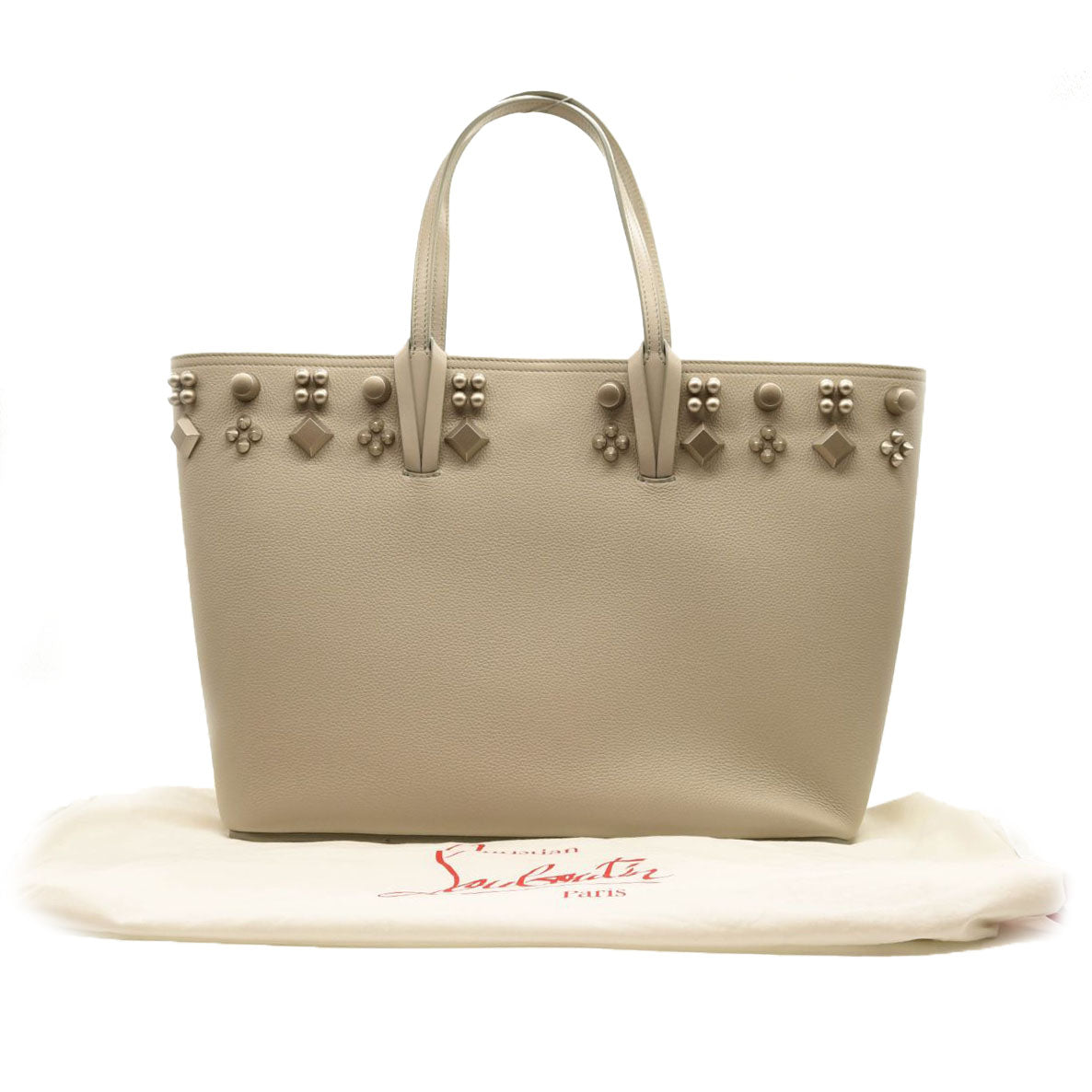 $1990 NEW CHRISTIAN LOUBOUTIN Calfskin Spikes Small East West Cabata Tote Light Grey