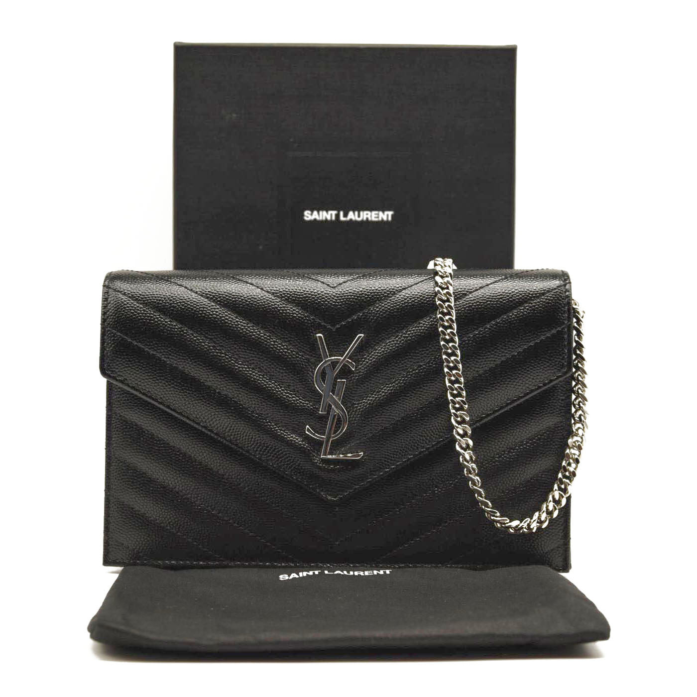 NEW SAINT LAURENT Grain De Poudre Matelasse Chevron Monogram Chain Wallet Black Silver
