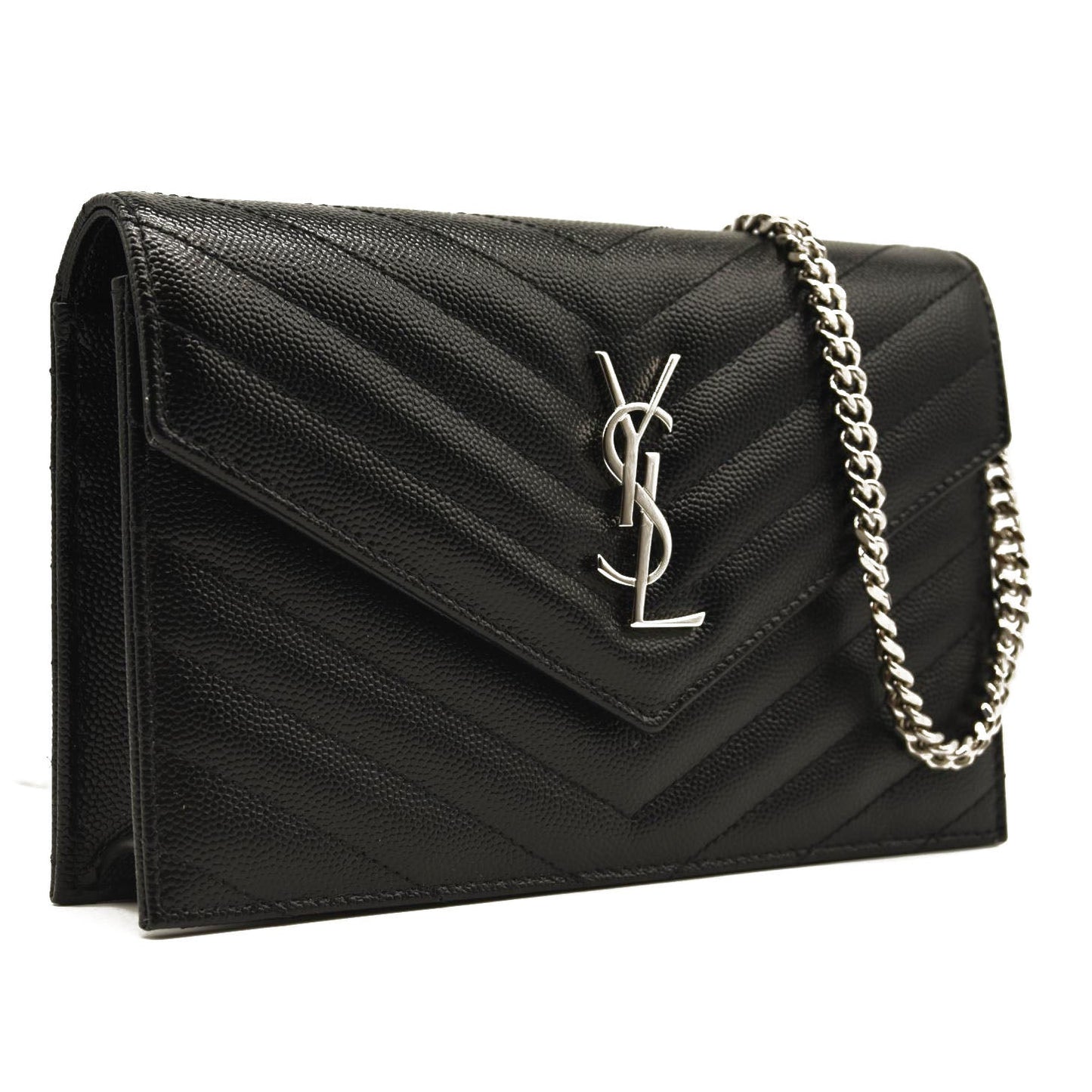 NEW SAINT LAURENT Grain De Poudre Matelasse Chevron Monogram Chain Wallet Black Silver