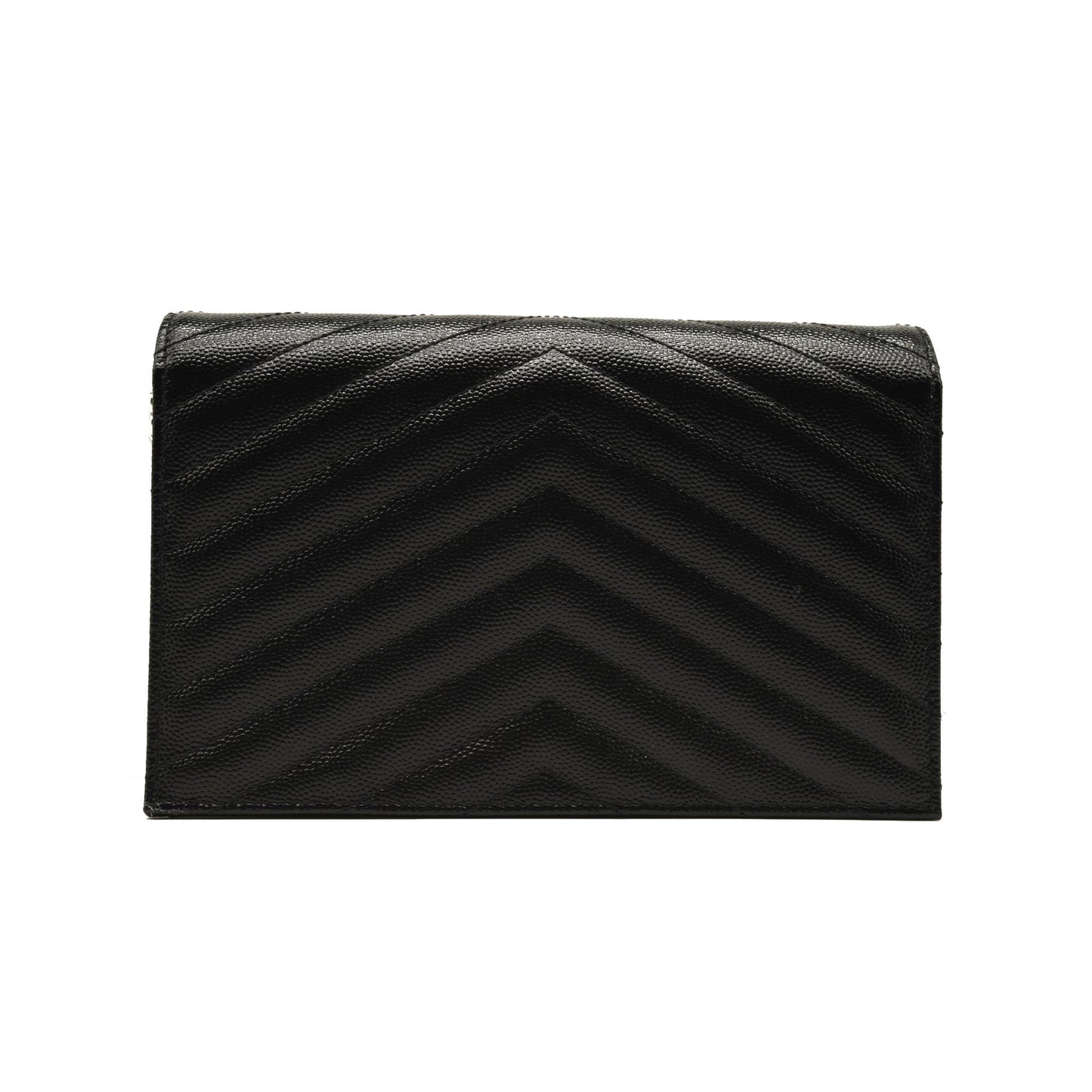 NEW SAINT LAURENT Grain De Poudre Matelasse Chevron Monogram Chain Wallet Black Silver