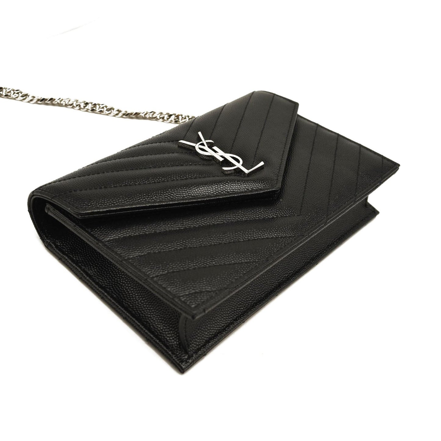 NEW SAINT LAURENT Grain De Poudre Matelasse Chevron Monogram Chain Wallet Black Silver