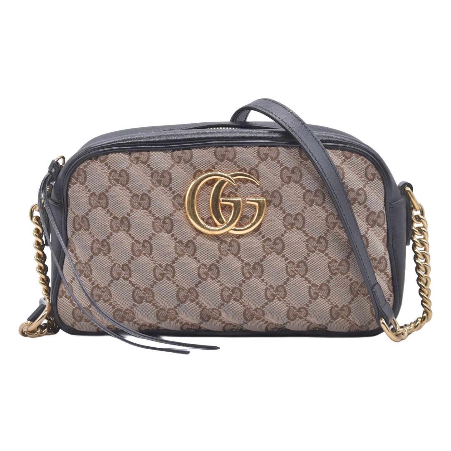$1300 Gucci Monogram Matelasse Diagonal Small GG Marmont Chain Shoulder Bag Beige Black