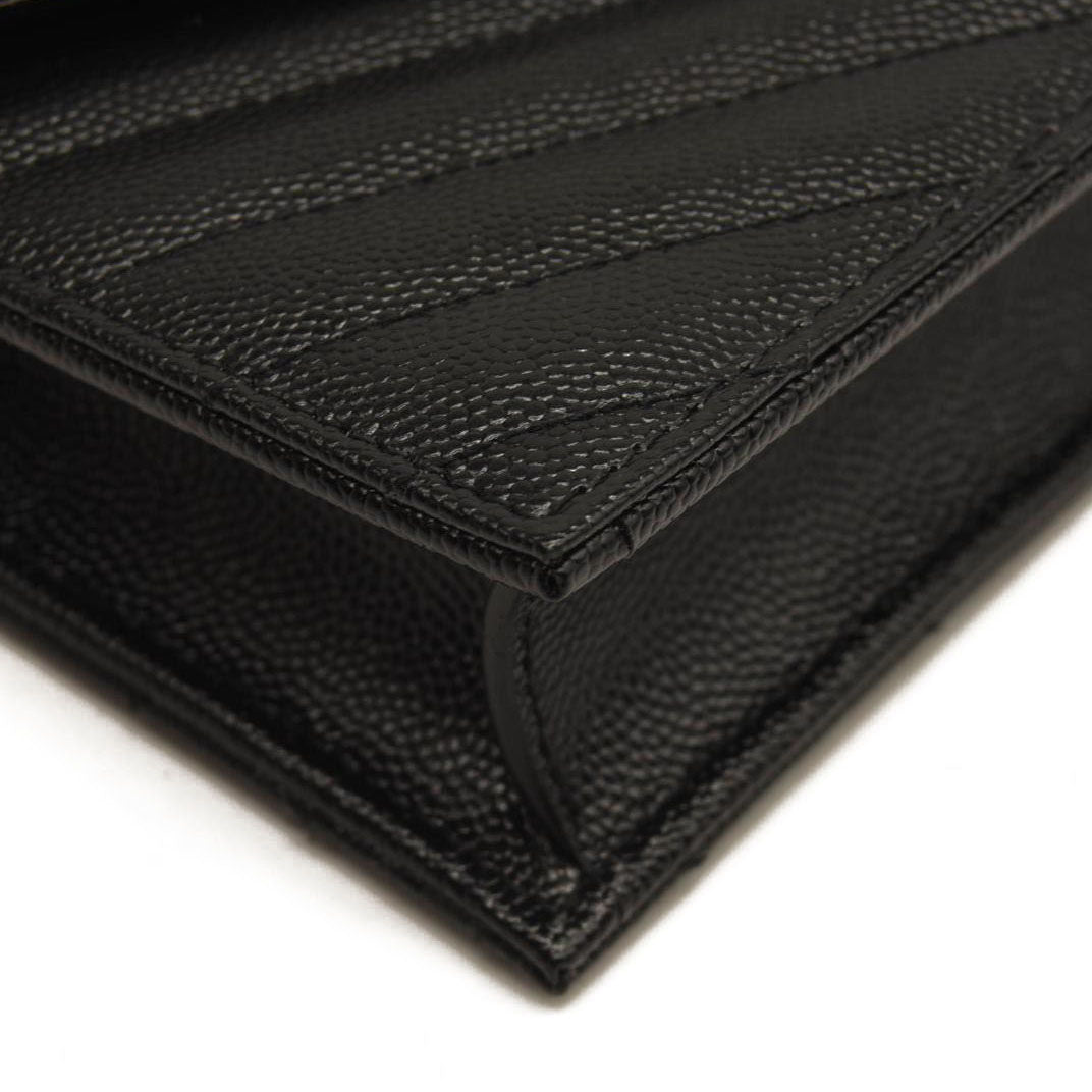 NEW SAINT LAURENT Grain De Poudre Matelasse Chevron Monogram Chain Wallet Black Silver