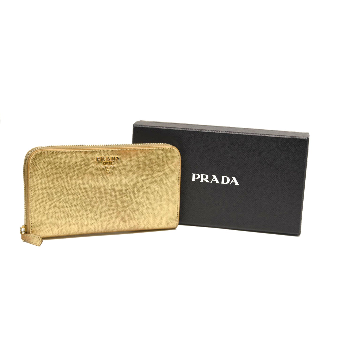 Prada Saffiano Zip Around Wallet Metallic Gold