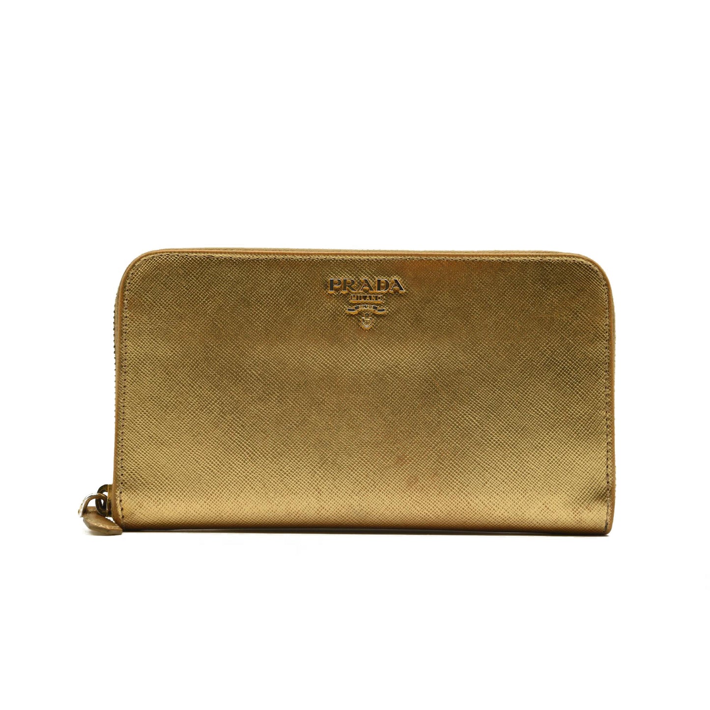 Prada Saffiano Zip Around Wallet Metallic Gold