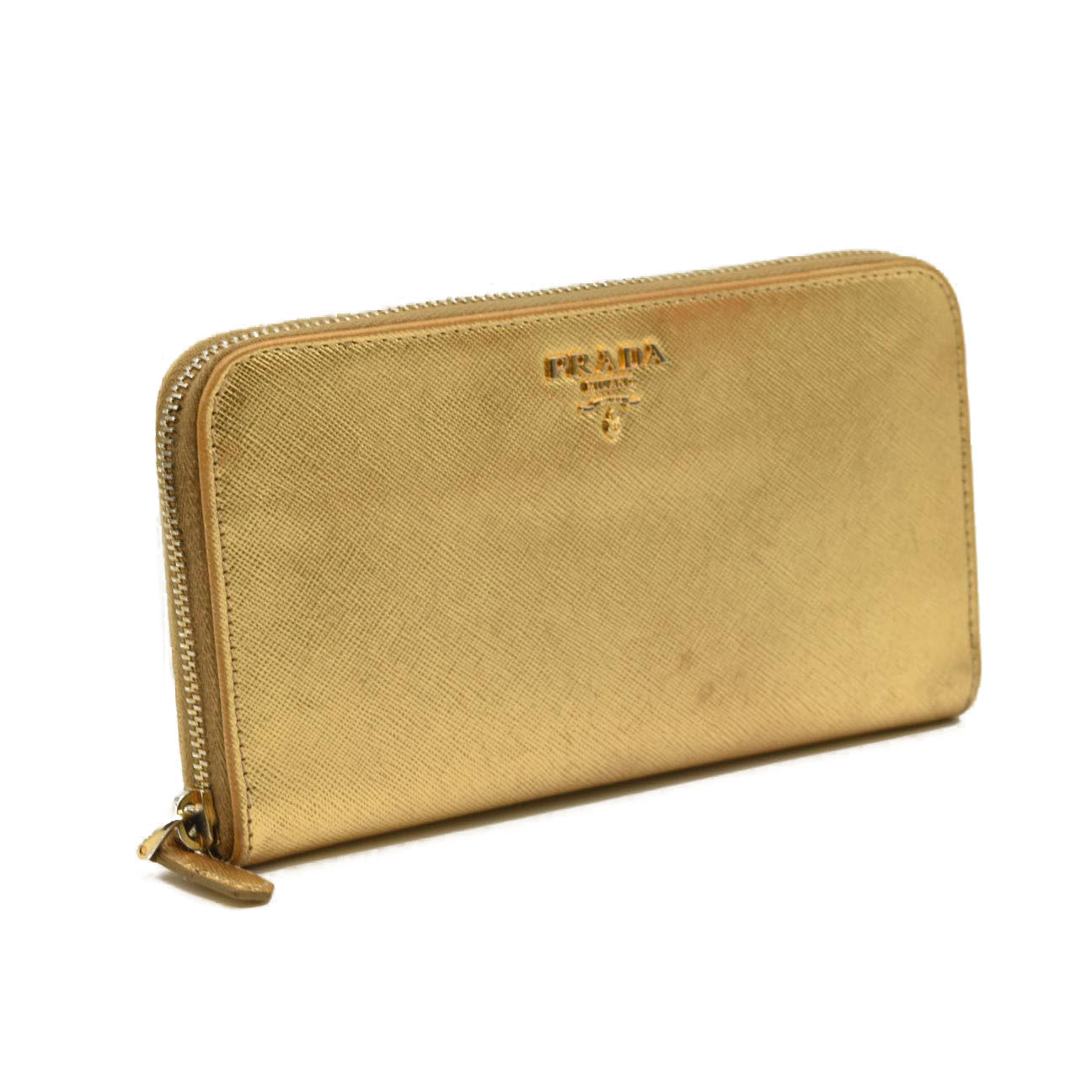 Prada Saffiano Zip Around Wallet Metallic Gold