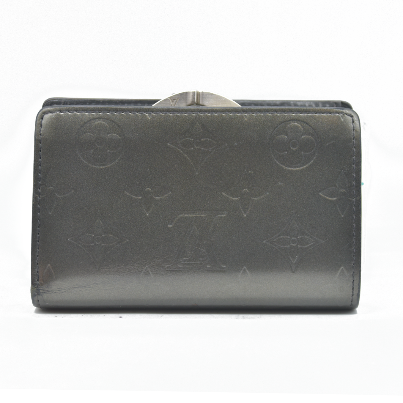 $935 LOUIS VUITTON Monogram Metallic Vernis Kisslock French Wallet Silver Grey MI1023