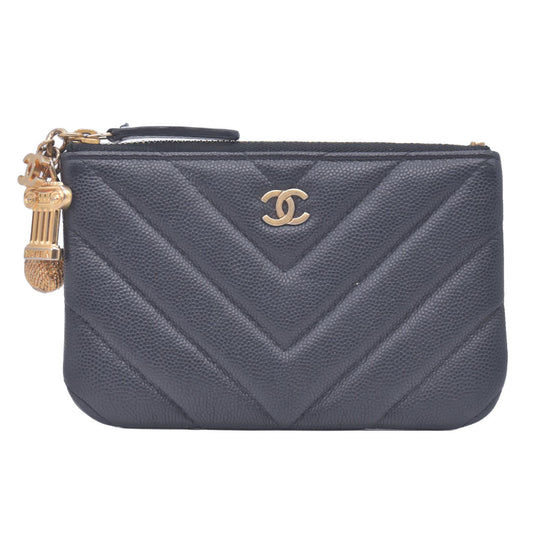 Chanel Caviar Chevron Quilted Small Ancient Greek Charms Cosmetic Case Black CONSIGNMENT