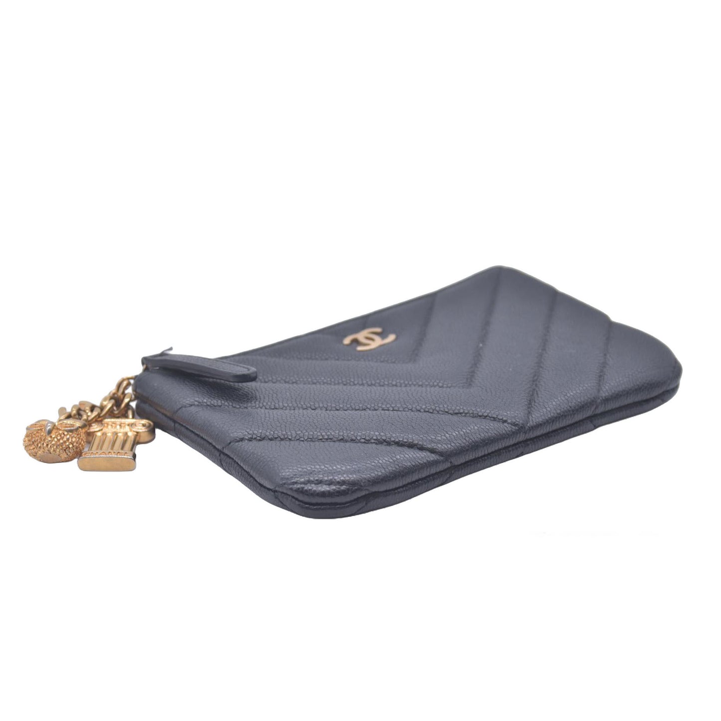 Chanel Caviar Chevron Quilted Small Ancient Greek Charms Cosmetic Case Black CONSIGNMENT