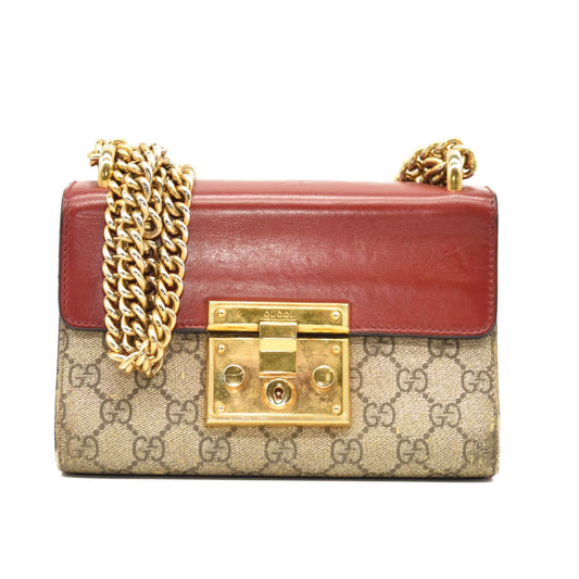 GUCCI GG Supreme Monogram Calfskin Small Padlock Shoulder Bag Beige Hibiscus Red New Rosette