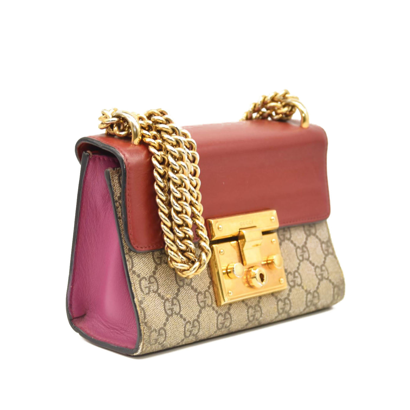 GUCCI GG Supreme Monogram Calfskin Small Padlock Shoulder Bag Beige Hibiscus Red New Rosette