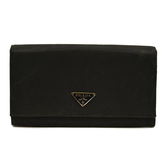 PRADA Logo Plate Nylon Long Bifold Wallet Black
