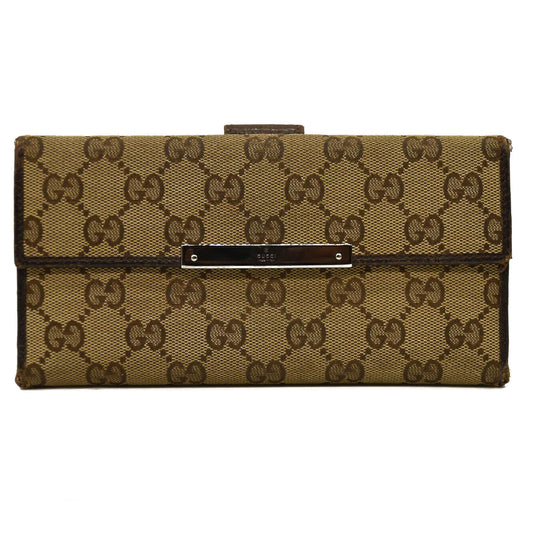 GUCCI GG Logo Canvas Leather Long Bifold Wallet Beige
