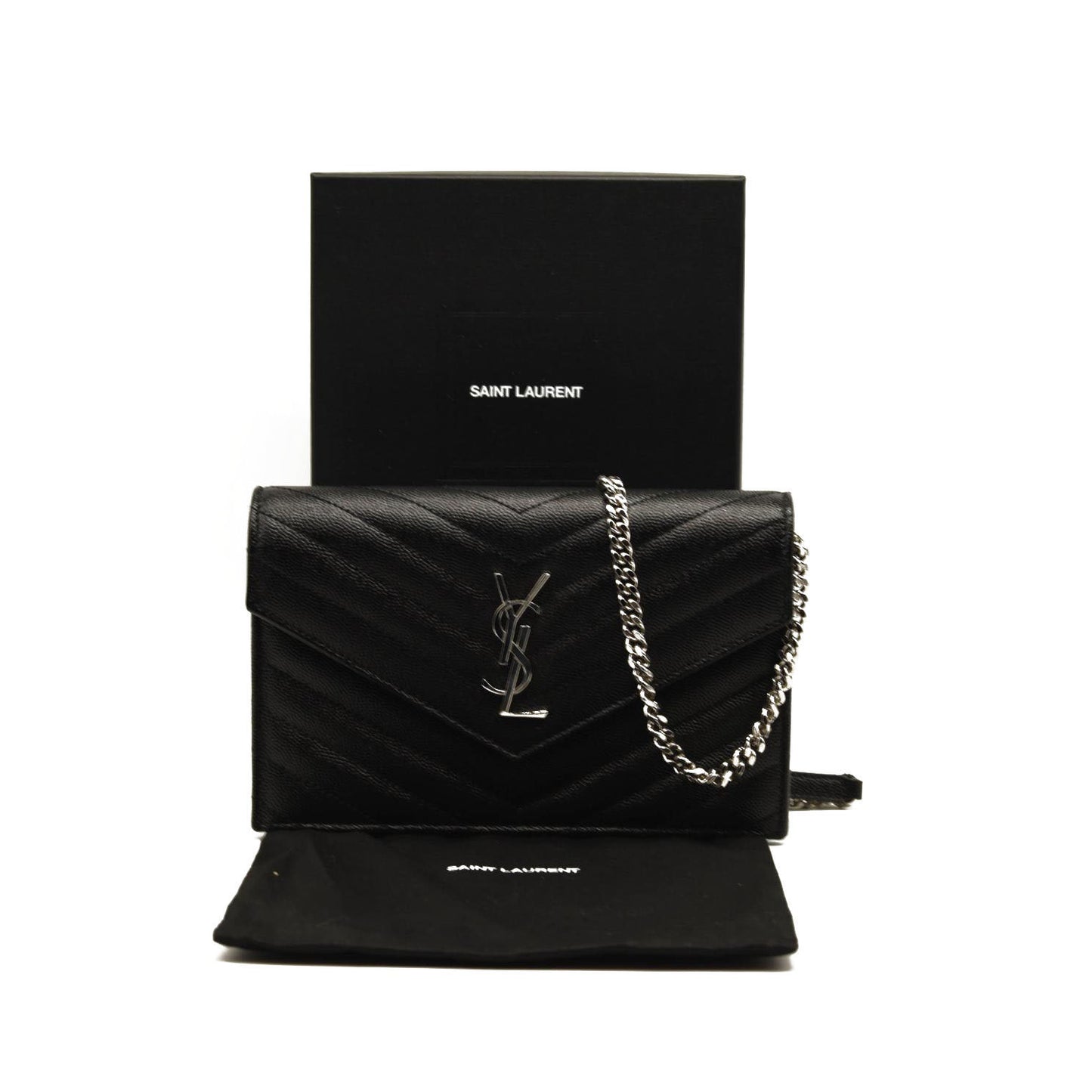 NEW SAINT LAURENT Grain De Poudre Matelasse Chevron Monogram Chain Wallet Black Silver